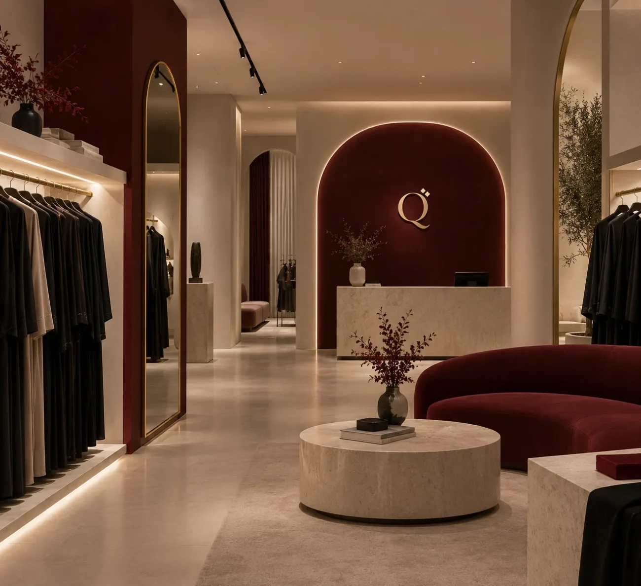 The Qyrah boutique, abayas on gold rails beside a ruby arch with the Q monogram
