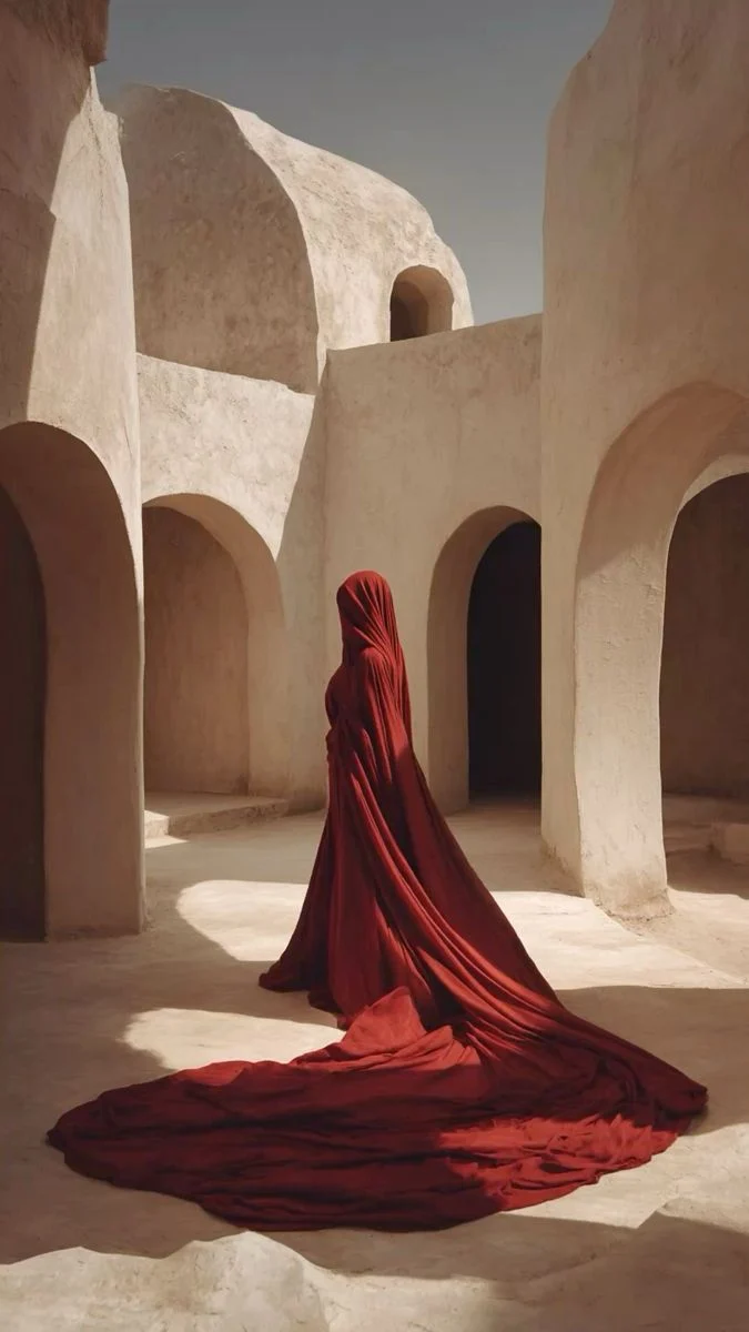 A flowing ruby abaya with a long train in a sunlit courtyard of arches
